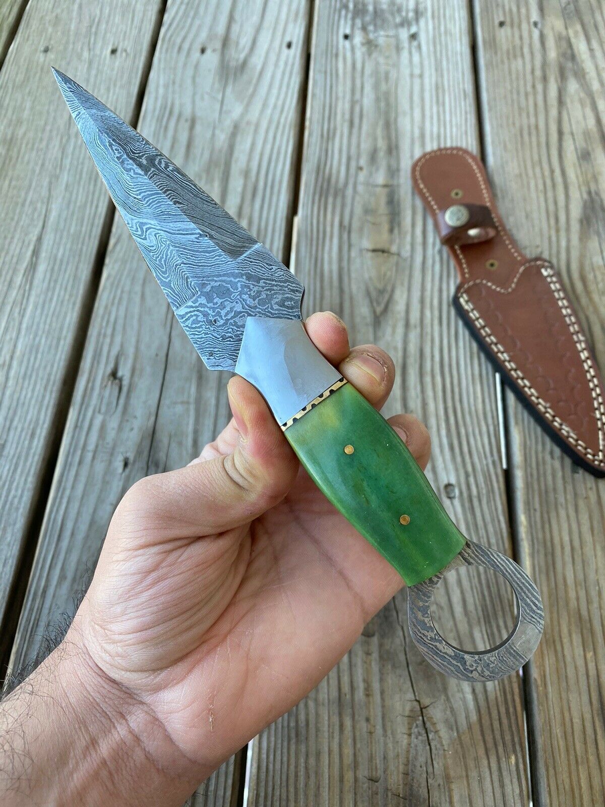 HS-865 Custom Handmade Damascus Steel Dagger Green Handle Knifery - Awesome Price