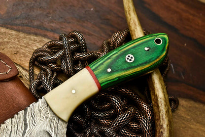 HS-683  Custom Handmade Damascus Steel Skinner Knife - Beautiful Bone Wood Handle