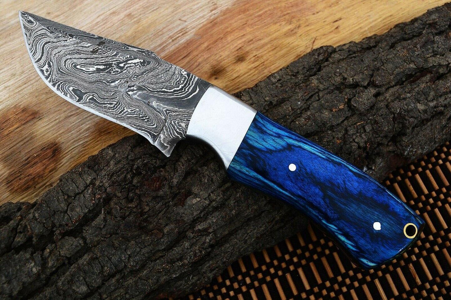 HS-798 Custom Handmade Damascus Skinner Knife With Awesome Blue Hard Wood Handle