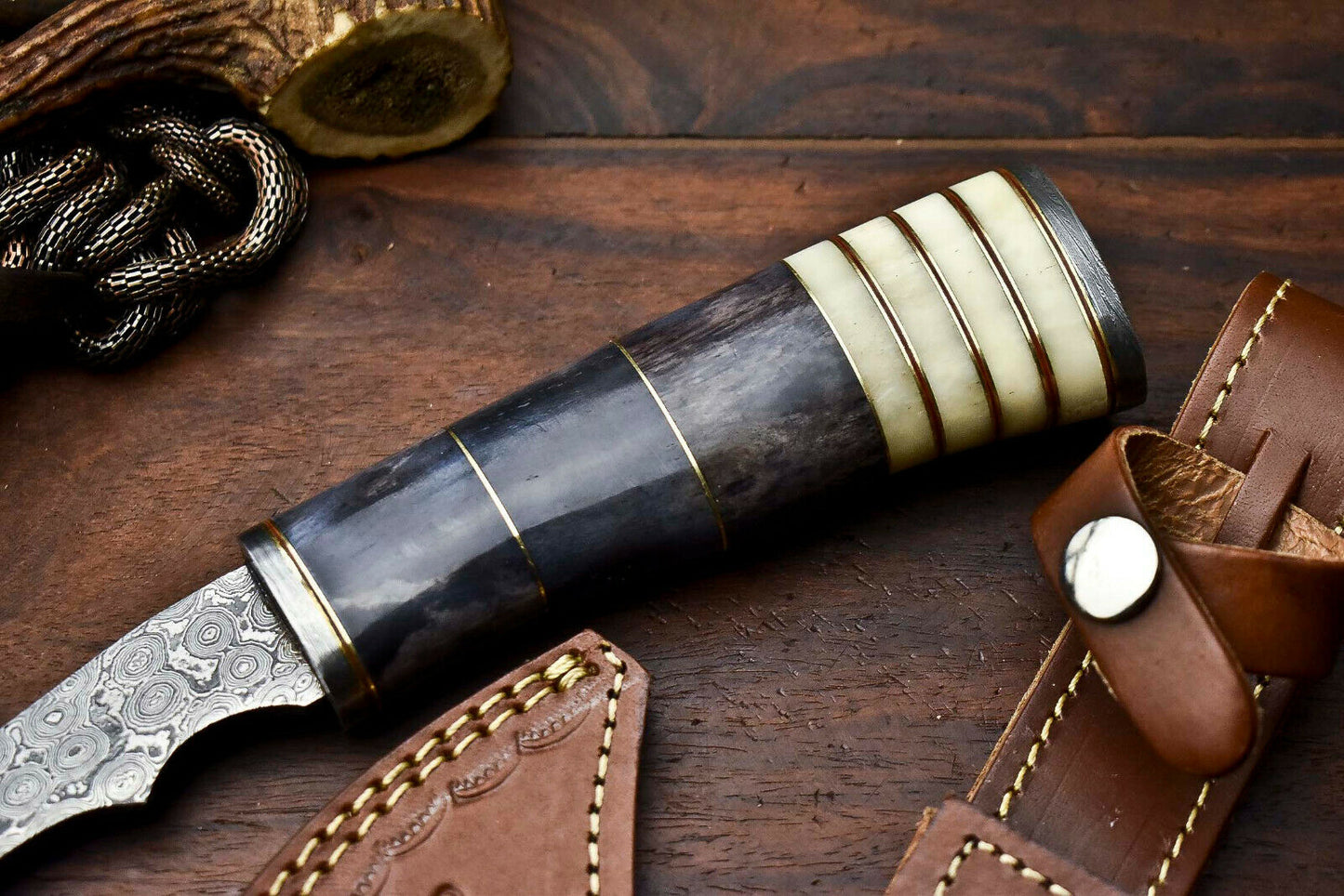 HS-1058 | Custom Hand Made Damascus Blade Hunting Hatchet Mini Viking Axe | Camel Bone