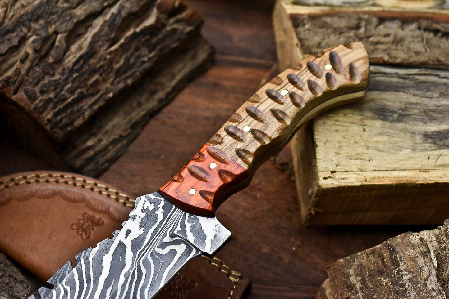 HS-919 Custom Handmade Damascus Hunting Blade Hunter Camping Tracker Full Tang Knife