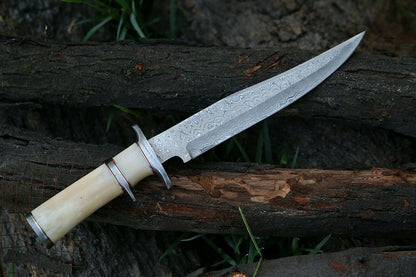 HS-311  Personalized Damascus Hunting Bowie Knife, Damascus Steel Blade, Camel Bone Hand