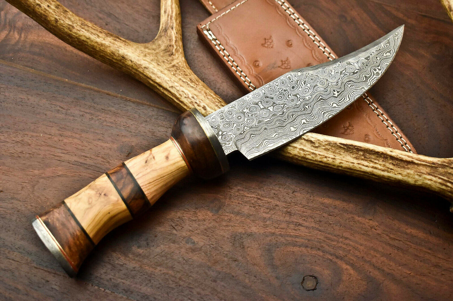HS-401 | Custom Handmade Damascus Steel Camping Hunting Knife - Beautiful Olive Wood Handle