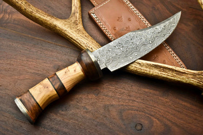 HS-401 | Custom Handmade Damascus Steel Camping Hunting Knife - Beautiful Olive Wood Handle