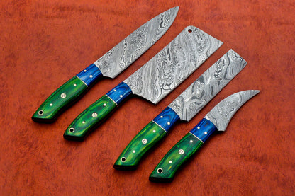HS-145 Custom Handmade Damascus Steel 4 Pc's Chef Set with Blue and Green Wood Handlei