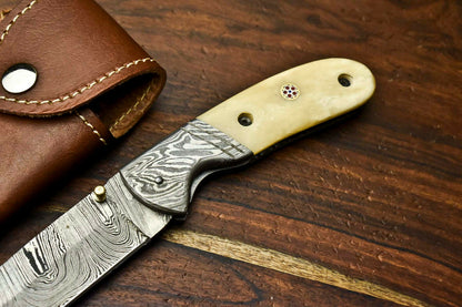 HS-1133 Custom Handmade Damascus Steel Blade Liner-Lock Pocket Folding Knife| CAMEL BONE