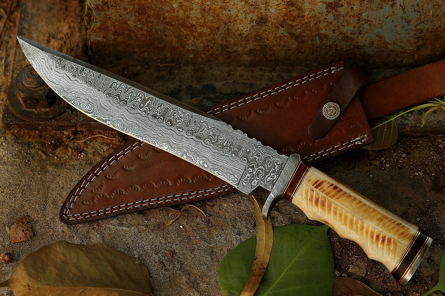 HS-303 15'' Hand Forged Bowie Knife, Beautiful Bone Handle, Damascus knife with sheath