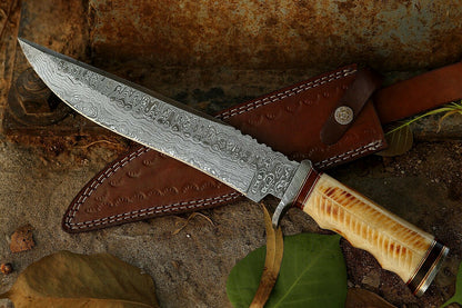HS-303 15'' Hand Forged Bowie Knife, Beautiful Bone Handle, Damascus knife with sheath