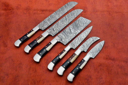 HS-143 Custom Handmade Damascus Steel 6 Piece Chef Set with Wood/Bone/Horn Handle