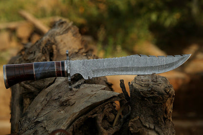 HS-309 '' Damascus Steel Hunting Bowie Knife 15" Walnut Wood And Bone Handle