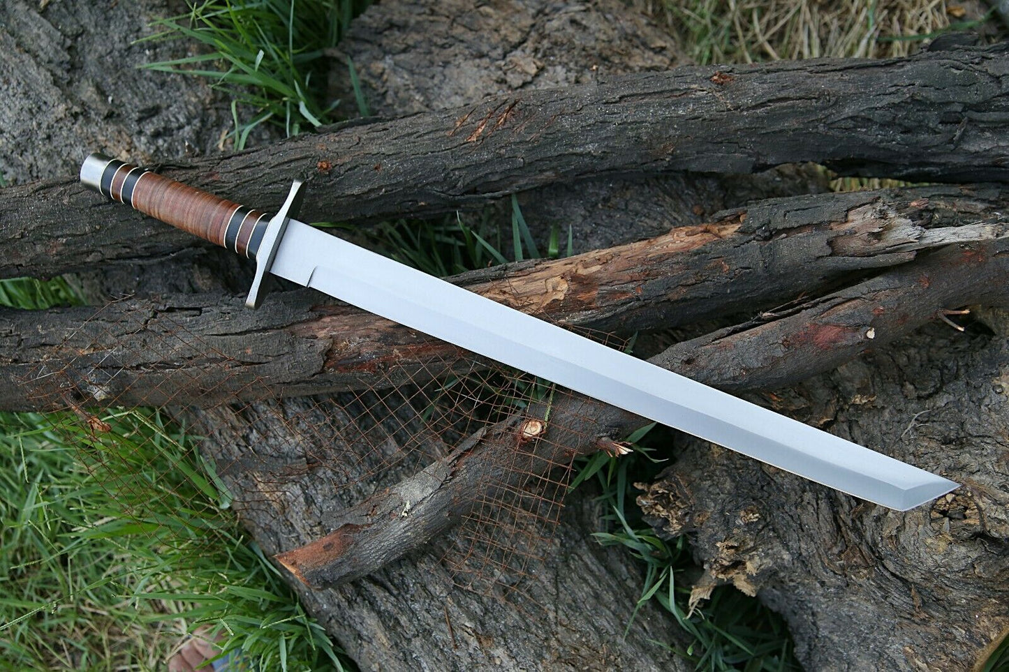HS-1092 | Steel Blade Tanto Sword, Handmade Heavy Duty Sword, Stacked Leather Handle