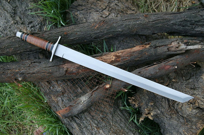 HS-1092 | Steel Blade Tanto Sword, Handmade Heavy Duty Sword, Stacked Leather Handle