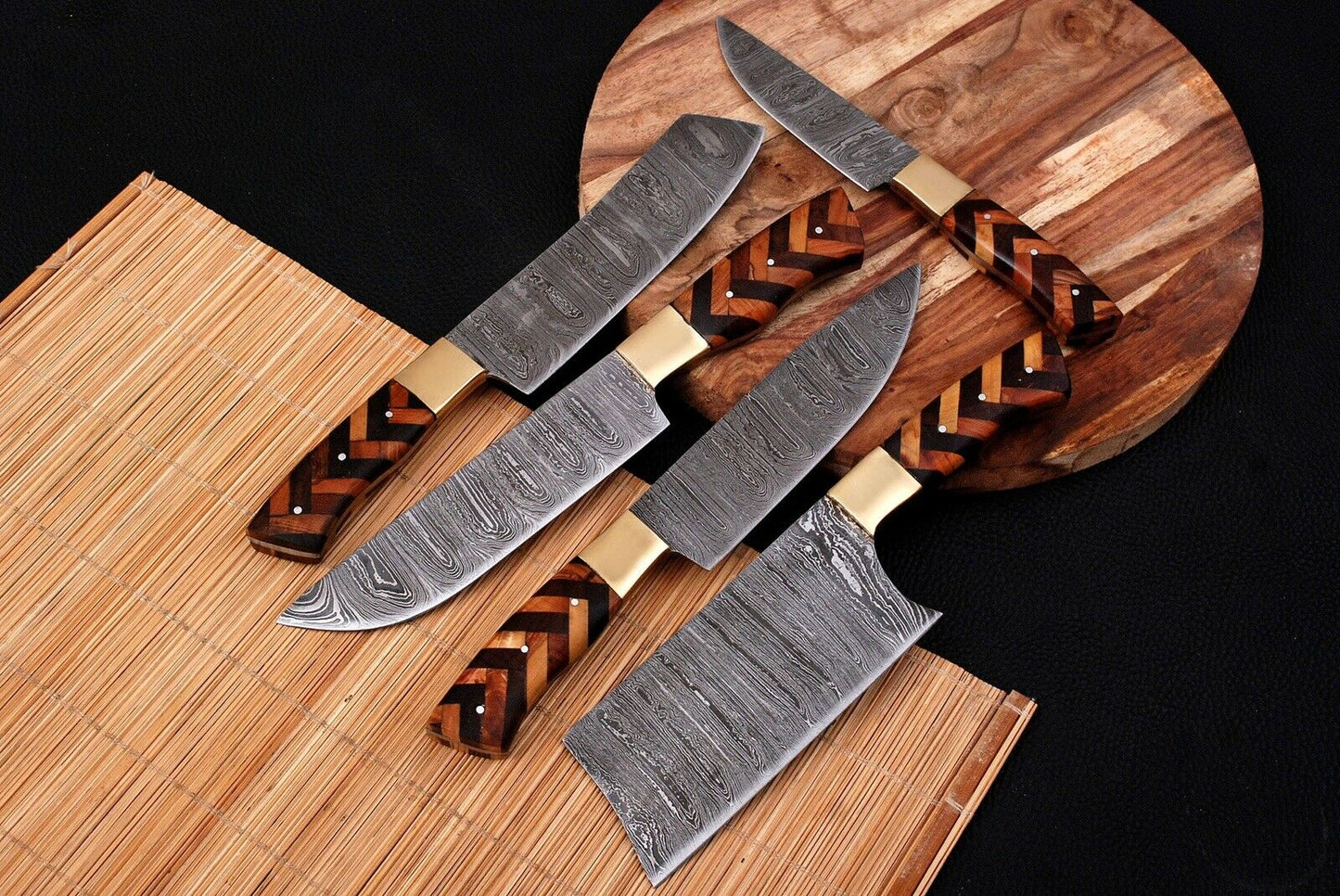 HS-199 Custom Handmade Damascus Chef-Kitchen Knives Five Pieces Set With Wood Handle