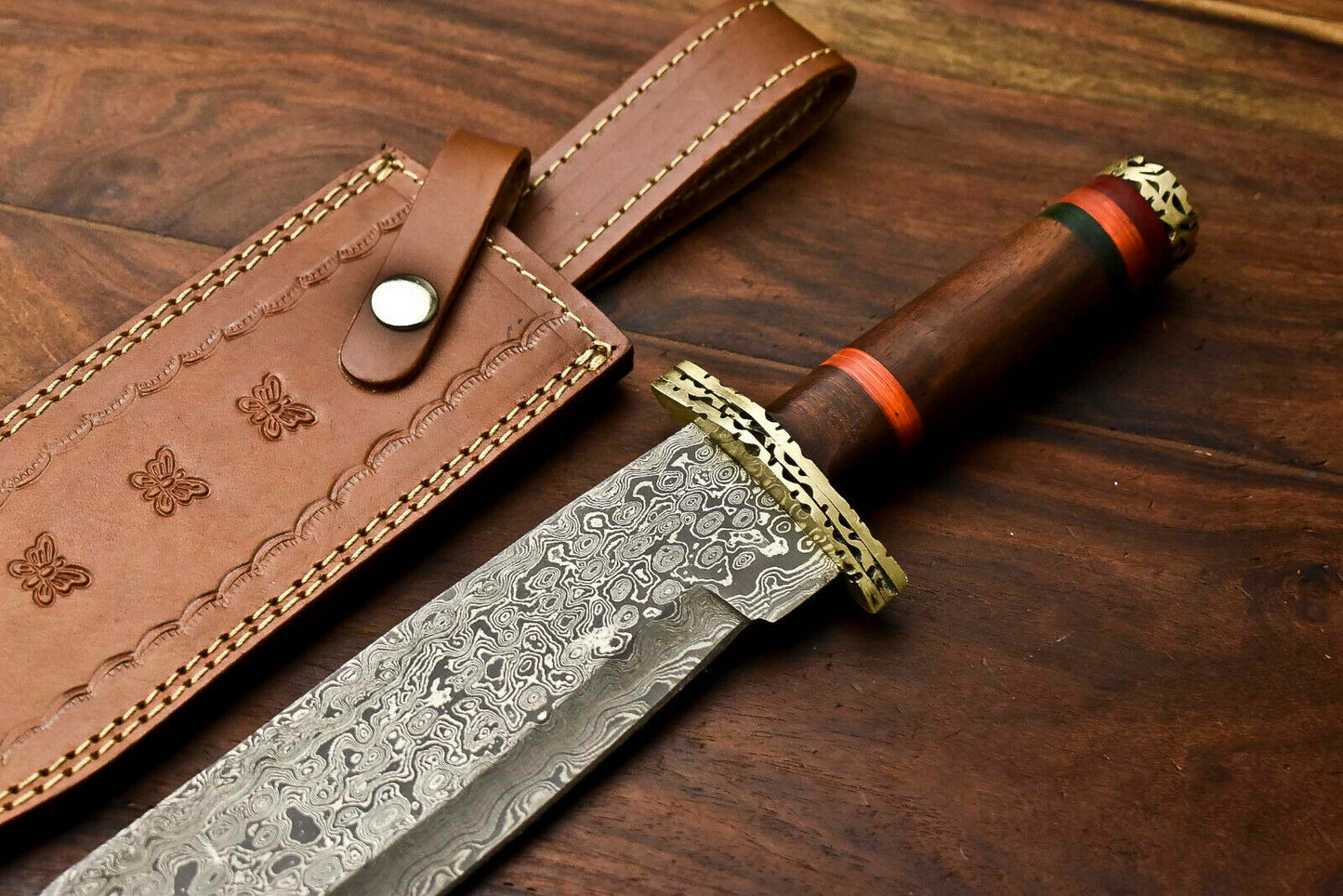 HS-411 | Custom Handmade Damascus Steel Hunting/Bowie Knife - Wood Handle