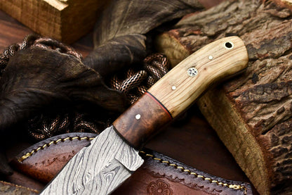 HS-703 Custom Handmade Damascus Steel Skinner Knife - Beautiful Wood Handle