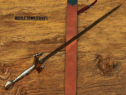 HS-1093 | Fully Handmade Damascus Steel Viking Medieval Sword, Customized leather Cover Gift for husband