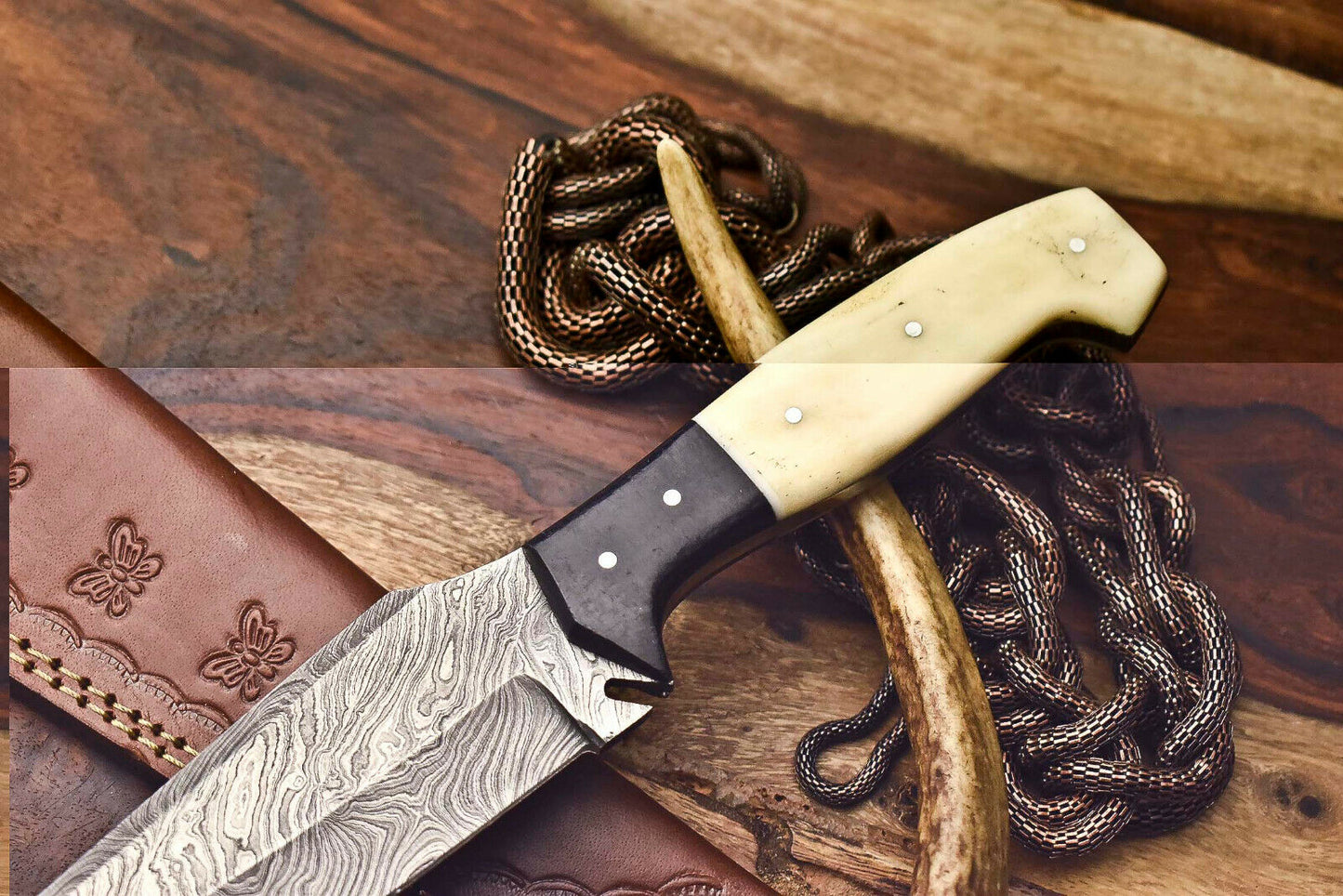 HS-403 | Custom Handmade Awesome Camel Bone/Black Sheet Handle Damascus Steel Hunting Knife - Great Price
