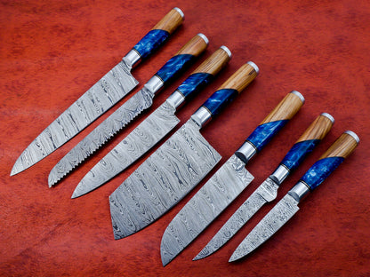 Hs-137 Unique Epoxy and Wooden Handle 7Pc's Chef Set of Custom Handmade Damascus Steel