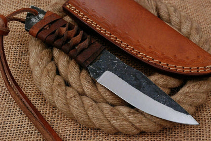 HS-755 Custom Hand Forged Railroad Steel Skinner Knife 8.0 inch Overall And Leather Cord Handle