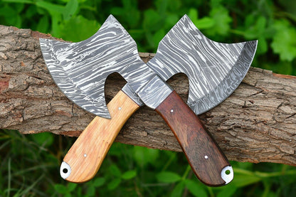 HS-1048 A Pair Of Custom Handmade Damascus Steel Viking Axe wood handle & Leather sheath