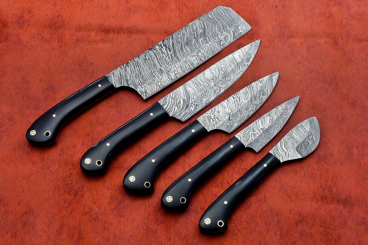 Hs-139 Custom Handmade Damascus Steel 5 Piece Chef Set with Buffalo Horn Handle