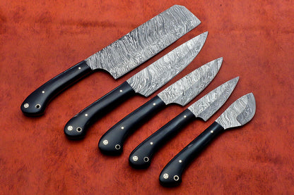 Hs-139 Custom Handmade Damascus Steel 5 Piece Chef Set with Buffalo Horn Handle