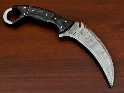 HS-889 HANDMADE DAMASCUS CUSTOM PAKKA WOOD KARAMBIT HUNTING KNIFE