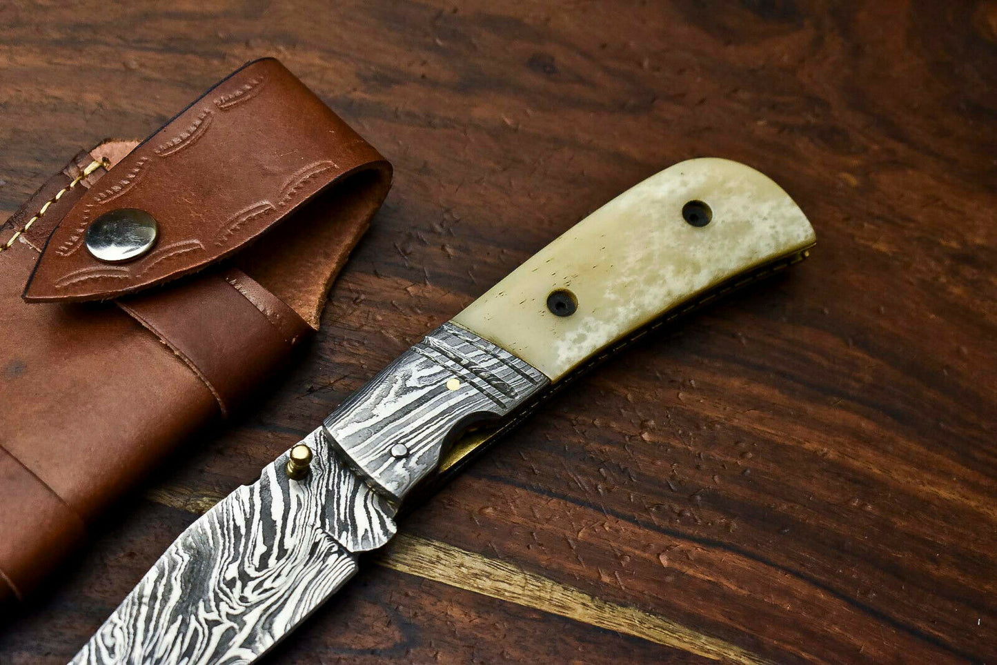 HS-1140 Custom Handmade Damascus Steel Blade Liner-Lock Pocket Folding Knife| CAMEL BONE