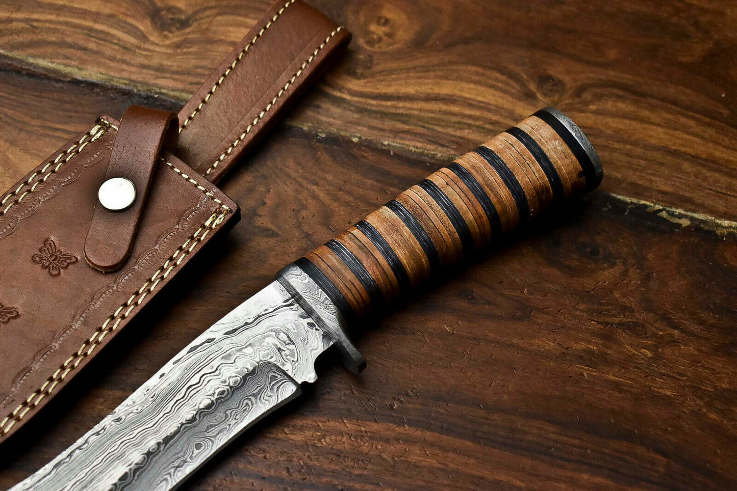 HS-316 Custom Hand Made Damascus Steel Blade Bowie Hunting Knife | LEATHER