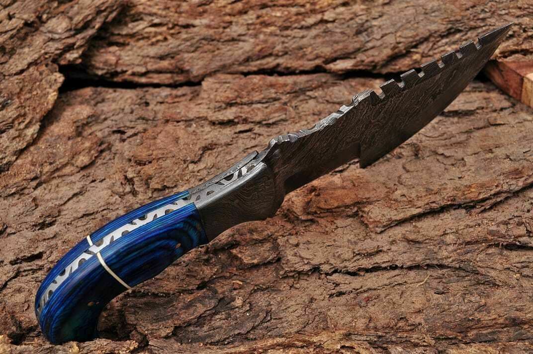 HS-933 Custom Handmade Damascus Steel Tracker-Hunting Knife With Blue Wood Handle