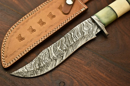 HS-336 | Custom Handmade Damascus SteelHunting / Bowie Knife - Camel Bone Handle