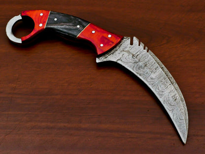 HS-885 HANDMADE DAMASCUS CUSTOM PAKKA WOOD KARAMBIT HUNTING KNIFE -