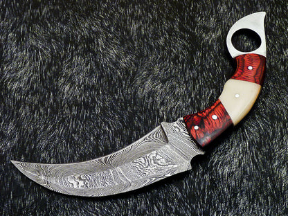 HS-890 Custom Hand Forged Damascus Steel 10" Karambit Knife - Hard Wood Handle
