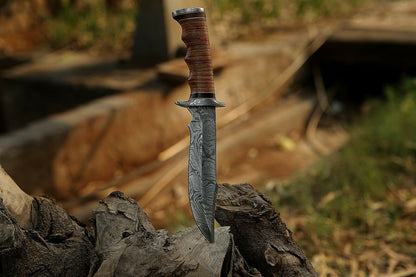 HS-366 '' 12", Damascus Steel Knife, Exotic Rosewood & Stacked Leather handle with pouch.