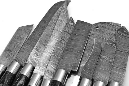 HS-182 Custom Handmade Damascus Steel Chef/Kitchen Knives Set lot of ten - Hard Wood Handle