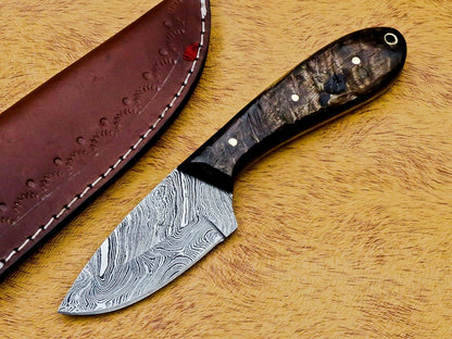 HS-584 CUSTOM DAMASCUS STEEL HUNTING/BOWIE/DAGGER KNIFE HANDLE RAM HORN WITH SHEATH