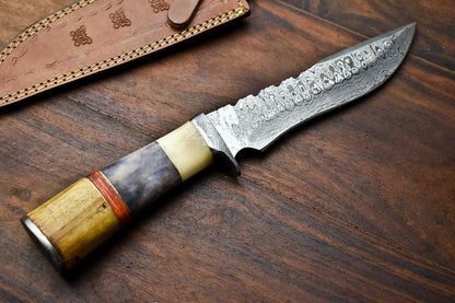 HS-325 | Custom Handmade Damascus Steel Bowie/Hunting Knife - Colour Camel Bone Handle