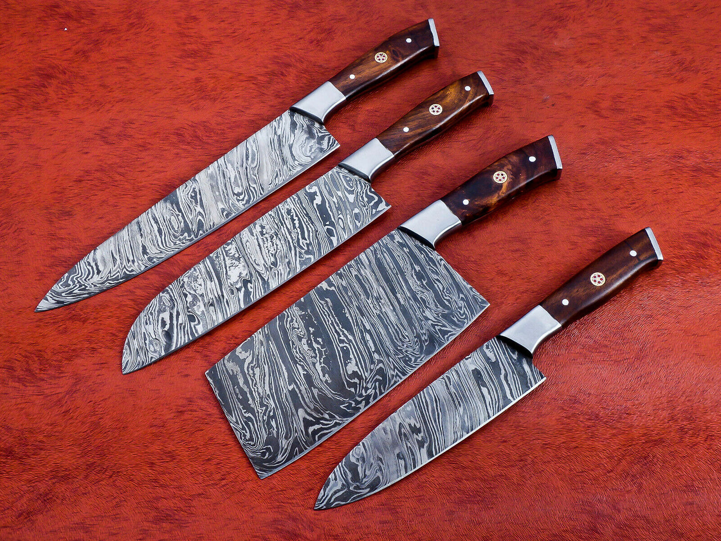 HS-141 Custom Handmade Damascus Steel Full Tang 4 Piece Chef Set with Wood Handle