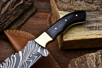 HS-923 Custom Handmade Damascus Steel Camping Tracker Knife - Beautiful Bull Horn Handle
