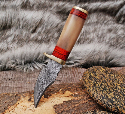 HS-793 Six Inch Custom Handmade Damascus Skinner Knife With Bone Handle