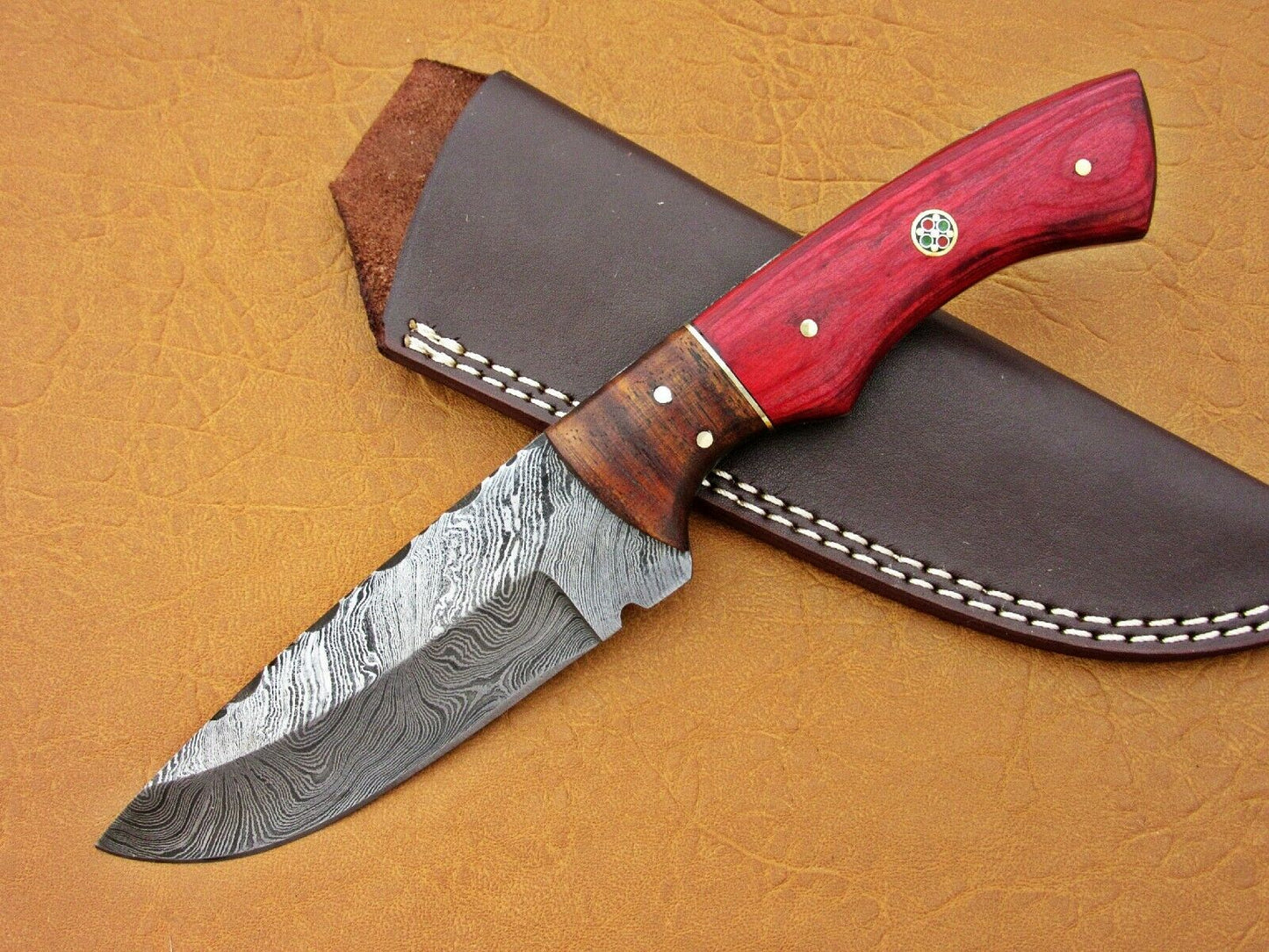 HS-768 Custom Handmade Damascus Skinner Knife With Hard Wood & Rose Wood Hanlde