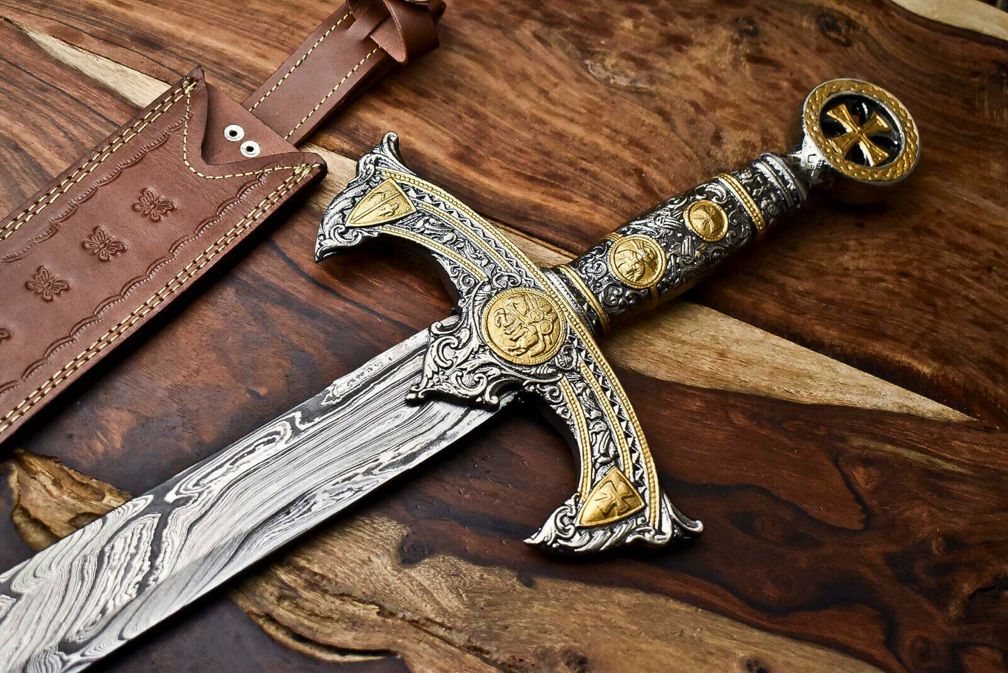 HS-1095 | 24.0" HUGE Custom Hand Made Damascus Steel Blade Dagger Sword | Pewter Handle