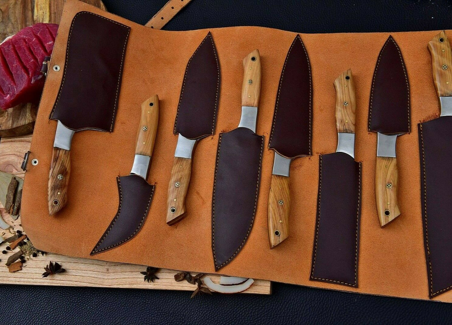HS-150 HAND FORGED DAMASCUS STEEL CHEF KITCHEN KNIFE SET WITH WOOD HANDLE + SHEATH