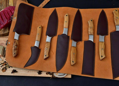 HS-150 HAND FORGED DAMASCUS STEEL CHEF KITCHEN KNIFE SET WITH WOOD HANDLE + SHEATH