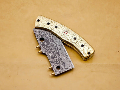 Custom Handmade Damascus Folding-Pocket Knife With Brass Engraved Handle
