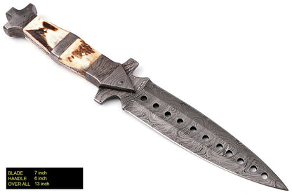 HS-859 Custom Handmade Damascus Steel Dagger Fix knife - Stag Horn Handle