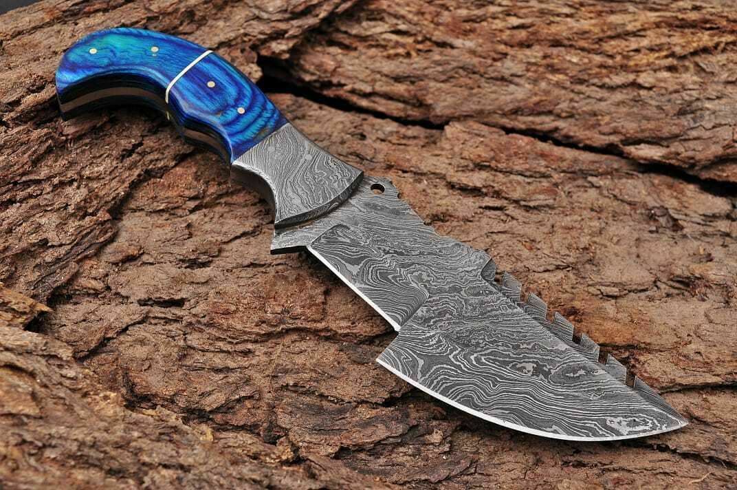 HS-933 Custom Handmade Damascus Steel Tracker-Hunting Knife With Blue Wood Handle