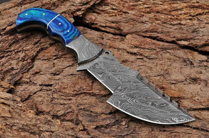 HS-933 Custom Handmade Damascus Steel Tracker-Hunting Knife With Blue Wood Handle