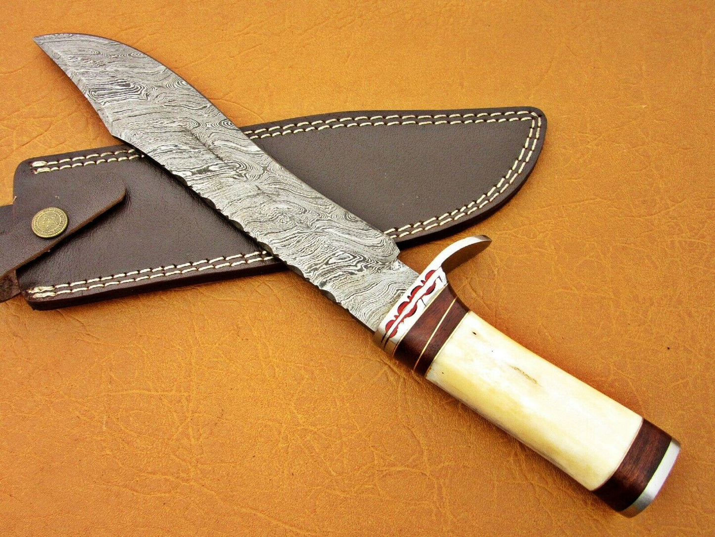 HS-337 | Custom Handmade Damascus Bowie-Hunting Knife With Camel Bone Handle