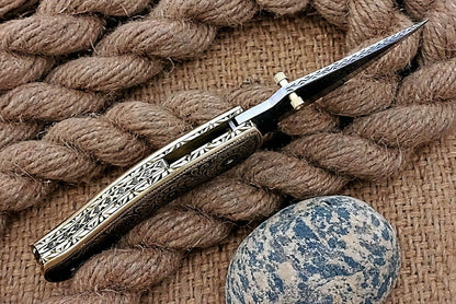 Hand Engraved Brass Handle Folding Pocket Knife — Lifetime Use